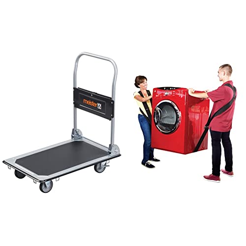 Meister Plattformwagen - Klappbar - Bis 150 kg Tragkraft - Feststellbremse/Transporthilfe mit Lenkrollen & Shoulder Dolly 2 Personen Tragegurt, Transportgurt, Hebegurt zum Ergonomischen und Heben von Meister