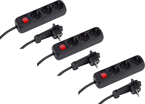 Meister Steckdosenleiste 3-fach - 3er Set - 2 m Kabel - schwarz - Extraflacher Stecker und beleuchteter Schalter - IP20 / Mehrfachsteckdose / Tischsteckdose / Steckerleiste mit Flachstecker / 7430580 von Meister