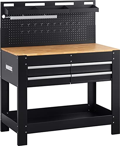 Meister Werkbank 1400 x 1140 x 610 mm - 200 kg Tragkraft - Vier Schubladen, Lochrückwand & drei Ablagefächer - Mit LED-Arbeitsleuchte & integrierter Steckdosenleiste - Aus Stahl / Werktisch / 9079700 von Meister