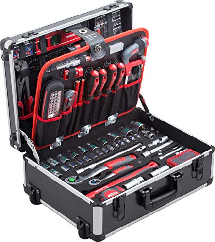 Meister Werkzeugtrolley 156-teilig - Werkzeug-Set-Mit Rollen- Teleskophandgriff/Profi Werkzeugkoffer befüllt/Werkzeugkiste fahrbar /Werkzeugbox komplett mit Werkzeug, Schwarz/Silber, 8971440 Meister Werkzeugtrolley 156-teilig - Werkzeug-Set-Mit Rollen- Teleskophandgriff/Profi Werkzeugkoffer befüllt/Werkzeugkiste fahrbar /Werkzeugbox komplett mit Werkzeug, Schwarz/Silber, 8971440 von Meister