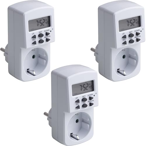 Meister Zeitschaltuhr digital, 1800 W - 3 Stück - Sommer- und Winterzeit - 10 konfigurierbare Programme - Mit Countdown-Funktion und Zufallsgenerator, Timer für Steckdose mit Zufallsschaltung, 7474050 von Meister