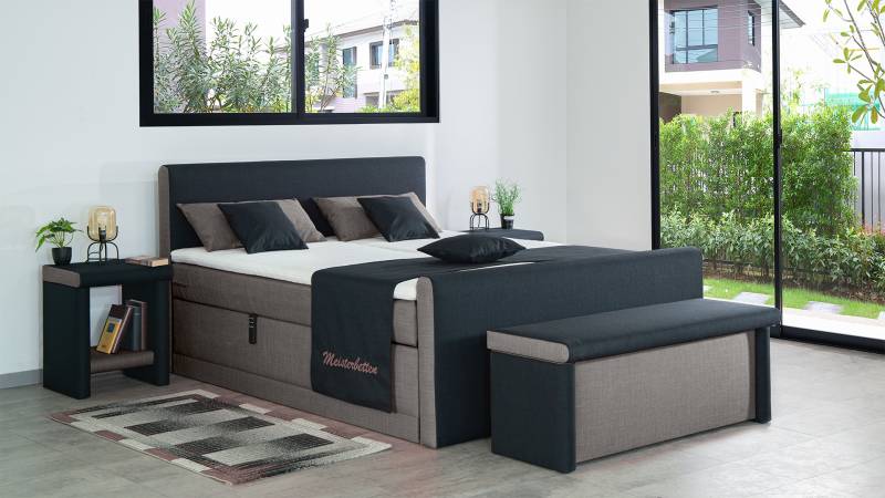 Meisterbetten Boxspringbett Amos 160x200 in W-Grey in W-Black, Matratzenbezug Nano, Ergoflex-Topper, mit Fussteil von Meisterbetten