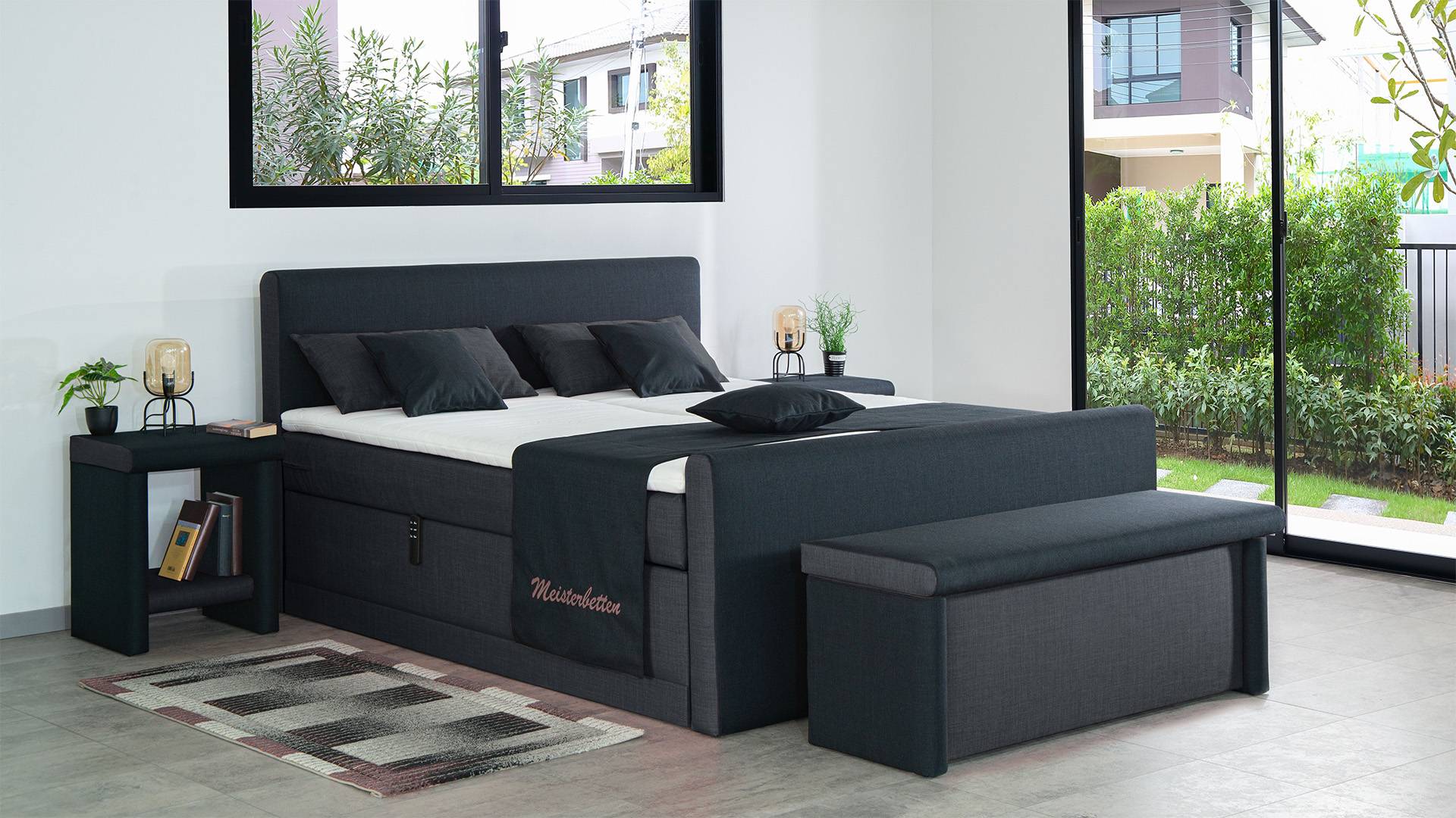 Meisterbetten Boxspringbett Amos 200x200 in W-Anthracite in W-Black, Matratzenbezug Nano, Ergoflex-Topper, mit Fussteil Meisterbetten Boxspringbett Amos 200x200 in W-Anthracite in W-Black, Matratzenbezug Nano, Ergoflex-Topper, mit Fussteil von Meisterbetten
