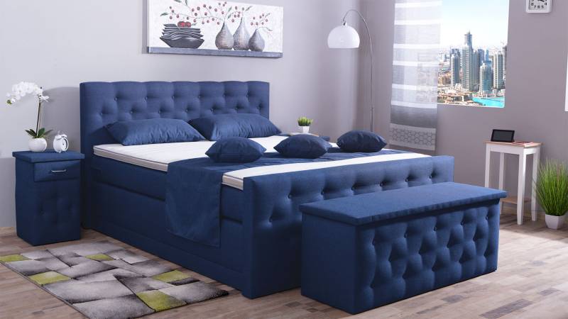 Meisterbetten Boxspringbett Babo 120x220 in WT-Dunkel Blau, Matratzenbezug Nano, Komfortschaum-Topper, mit Fussteil von Meisterbetten