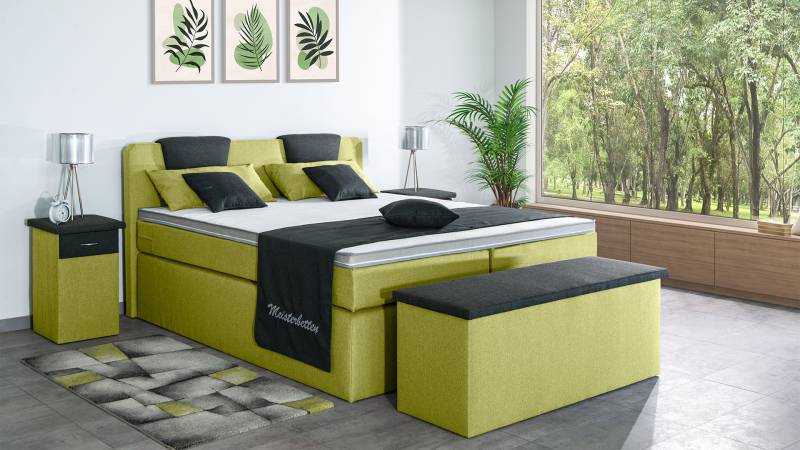 Meisterbetten Boxspringbett Iris 100x200 in WT-Apfelgrün in WT-Dunkel Grau, Matratzenbezug Nano, Komfortschaum-Topper Meisterbetten Boxspringbett Iris 100x200 in WT-Apfelgrün in WT-Dunkel Grau, Matratzenbezug Nano, Komfortschaum-Topper von Meisterbetten