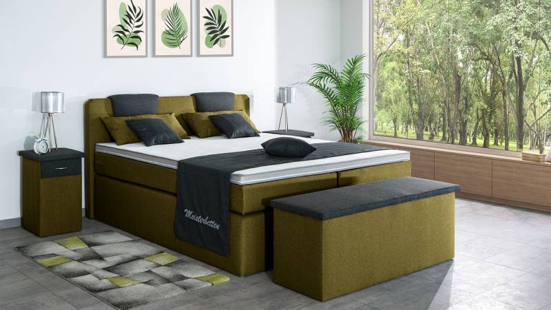 Meisterbetten Boxspringbett Iris 100x200 in WT-Grasgrün in WT-Dunkel Grau, Matratzenbezug Nano, Komfortschaum-Topper Meisterbetten Boxspringbett Iris 100x200 in WT-Grasgrün in WT-Dunkel Grau, Matratzenbezug Nano, Komfortschaum-Topper von Meisterbetten