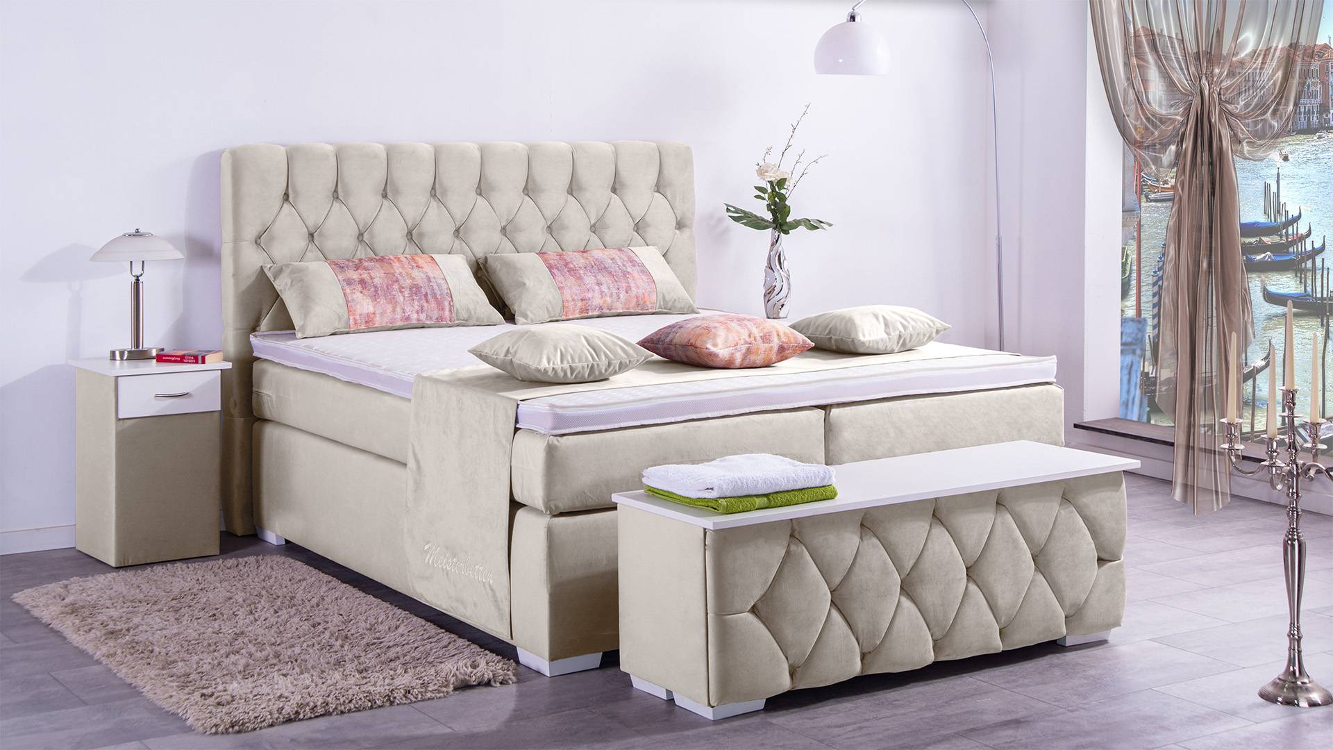 Meisterbetten Boxspringbett Jana 120x200 in VS-Creme, Matratzenbezug Nano, Ergoflex-Topper von Meisterbetten