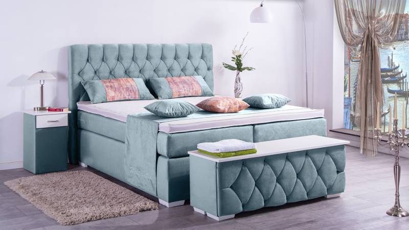 Meisterbetten Boxspringbett Jana 160x200 in VS-Hellblau, Matratzenbezug Nano, Ergoflex-Topper von Meisterbetten
