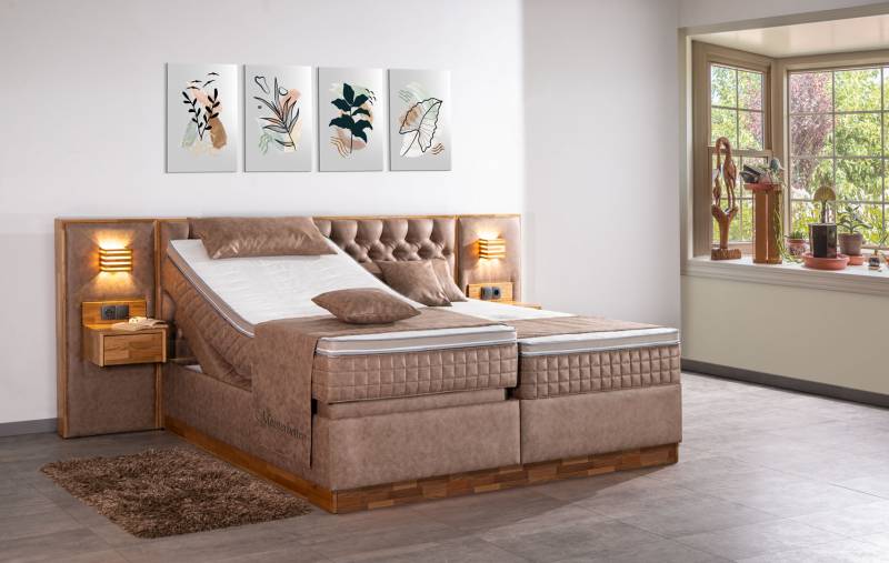 Meisterbetten Boxspringbett King 180x200 in MS-Alt Rose, Matratzenbezug Optiflex, Ergoflex-Topper, Fußteil mit TV-Lift von Meisterbetten