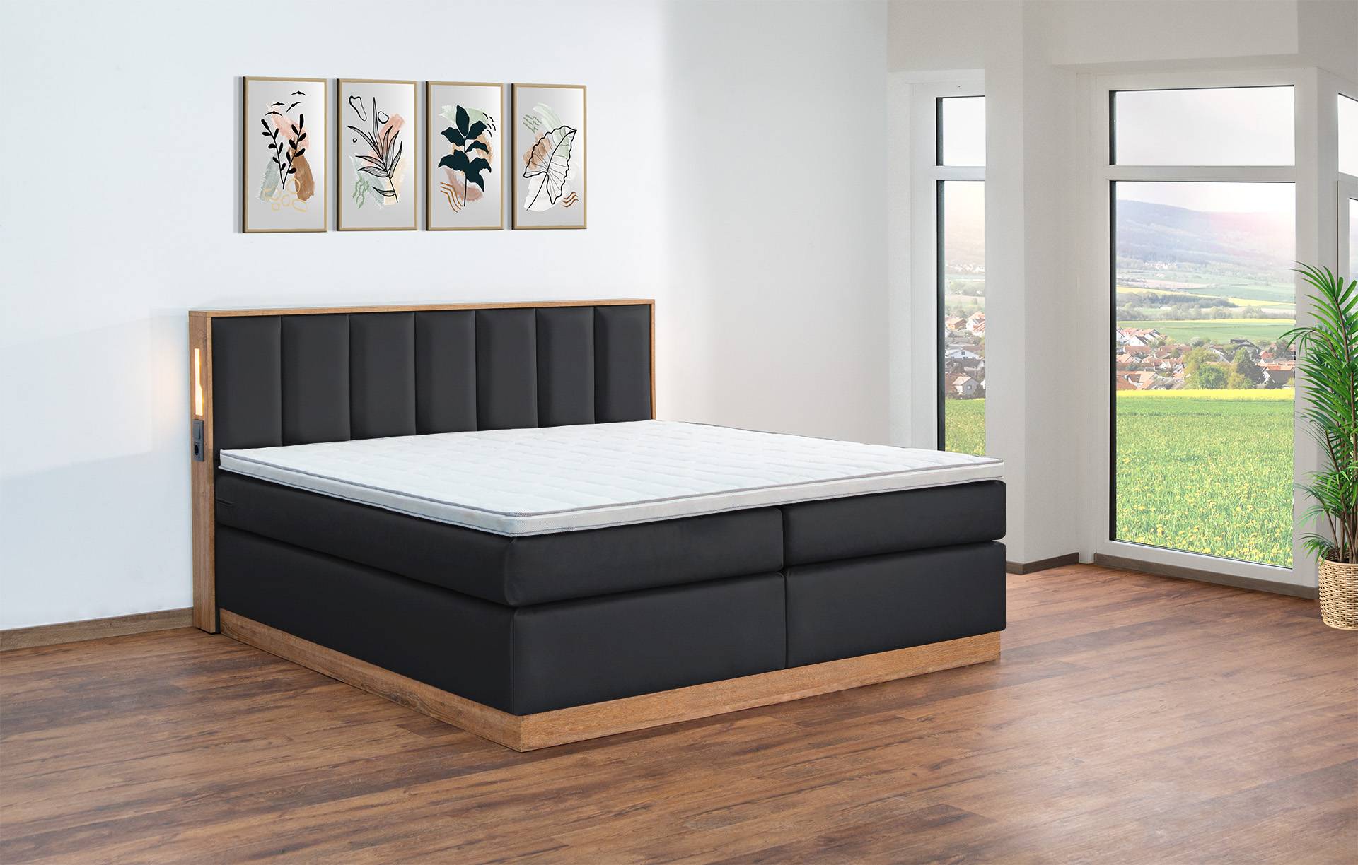 Meisterbetten Boxspringbett Sely mit Holzdekor Eiche Cognac 180x220 in LM-Schwarz, Matratzenbezug Nano, Midisoft-Topper Meisterbetten Boxspringbett Sely mit Holzdekor Eiche Cognac 180x220 in LM-Schwarz, Matratzenbezug Nano, Midisoft-Topper von Meisterbetten