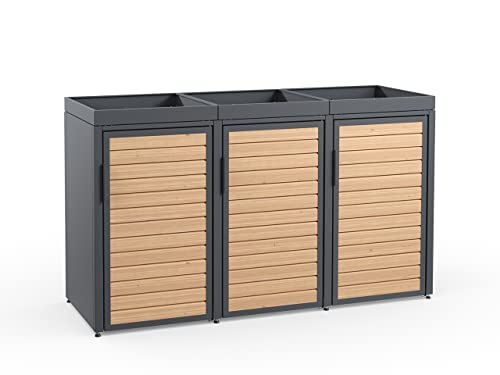 MEISTERBOX Forst - 3er Mülltonnenbox - Mülltonnenverkleidung mit Pflanzdach - Mülleimerunterstand 120L - Holzelemente von Meisterbox