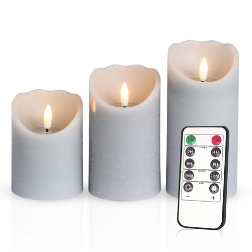 Meisterhome® 3er-Set Flammenlose LED Kerzen - Hellblau - Rustik Design Stumpenkerze - mit Fernbedienung – mit Timer - Batteriebetrieben – Warmweiß - 10/12,5/15 cm hoch - mit flackernder Flamme von Meisterhome