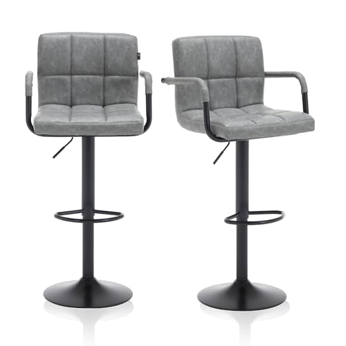 Meisterhome Barhocker 2er Set – Höhenverstellbar Barstuhl, Drehhocker, Küchenstühle Mit Fußstütze, Kunstleder Edelstahl, Gepolsterter Sitz, Tresenhocker, Wohnküchen, Bar Hocker - Hellgrau von Meisterhome