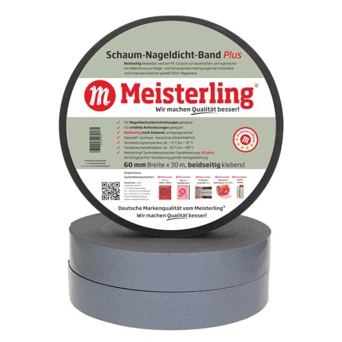 Meisterling® Schaum Nageldicht-Band Plus - Beidseitig stark klebender Synthesekautschuk 30 Meter Rolle, 60 mm Breite von Meisterling