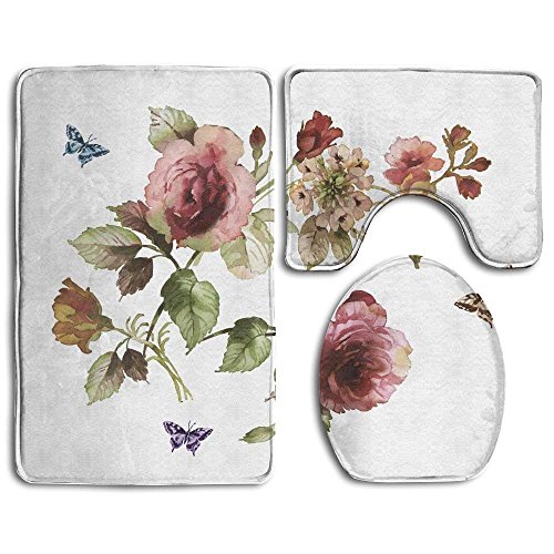 Badezimmerteppich, Blumenmotiv, Shabby-Chic-Stil, Rosen, Knospen, Blätter, Tulpen, Blumendetails, Schmetterling, 3-teiliges Badematten-Set, Konturteppich und Deckelbezug von Meius