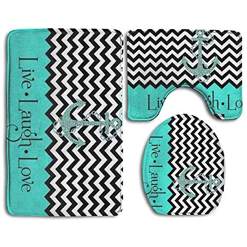 Meius Live Love Laugh In Türkis Farbblock Chevron mit Anker 3-teiliges weiches Badvorleger-Set inklusive Badvorleger Konturteppich Deckel WC-Abdeckung Home Dekorative Fußmatte von Meius