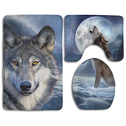 MOON WOLF Rutschfeste Badematten Set 3 Teilig Badvorleger Set inkl. Badteppich/Konturmatte/WC-Deckelbezug von Meius