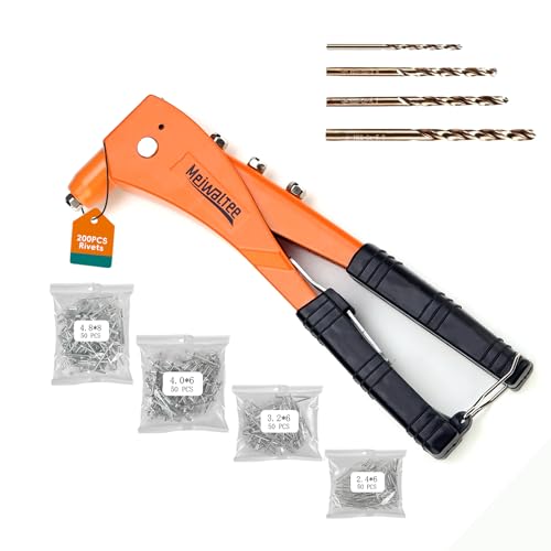 Meiwaltee Blindnietzange Set Mit 200 Nieten und 4-TLG HSS-Bohrer, Aluminiumlegierung Nietzange Set 4 Größen 2,4 MM-3,2 MM-4,0 MM-4,8 MM für Metallarbeiten, Automotive und Andere Gängige DIY-Projekte von Meiwaltee