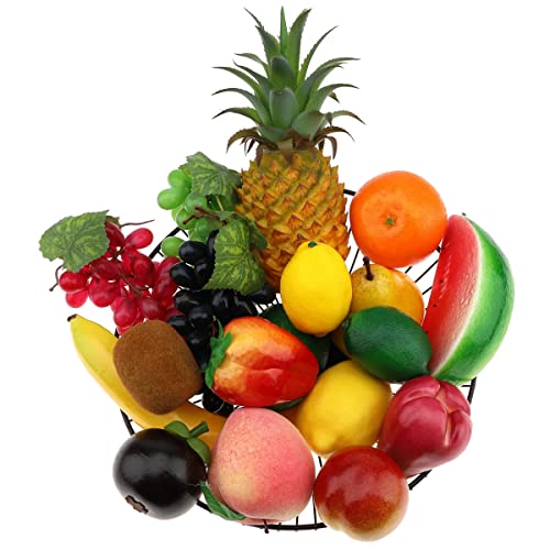 Meiwlong 18 PCS Künstliche Früchte Dekoration Haushalt Gefälscht Kiefer Apfel Traube Erdbeeren Birne Ölfrucht Orange Zitrone Wax Apfel Wassermelone Banane Kiwi Pfirsich von Meiwlong