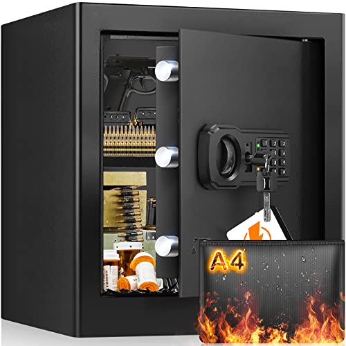 40L Feuerfester Tresor Safe mit A4 Feuersichere Dokumententasche, Digitaler Möbeltresore mit Herausnehmbares Regal und Alarmanlage, Elektronischer Tresor für Zuhause Bargeld Medikamente Schmuck von Mejasg