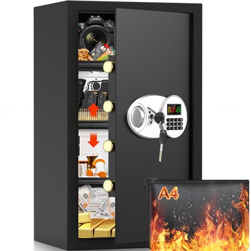 85L Großer Feuerfester Tresor Safe mit Feuersichere Dokumententasche, Digitaler Möbeltresore mit 2 Schlüssel & 3 Herausnehmbarem Regal, Elektronischer Tresor für DIN A4 Ordner Bargeld Medikamente von Mejasg