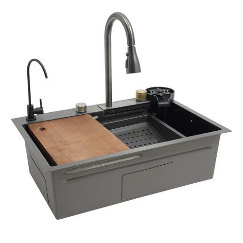 Küchenspüle, Wasserfall Becken SpüLe, Edelstahlspüle, Haushaltsspülbecken-Set, Mit Wasserhahn, Gemüse Schneidebrett, Abtropfkorb, Geeignet zum Waschen und Reinigen von Lebensmitteln von Mejiaren