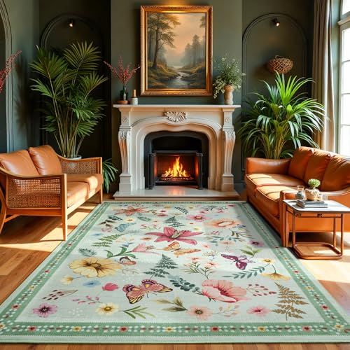Mejorug Grüner Vintage-Teppich mit Blumenmuster, Boho, maschinenwaschbar, rutschfest, schmutzabweisend, niedriger Flor, dünner Teppich, Innen-Bodenmatte, Heimdekoration, Teppiche für Wohnzimmer Mejorug Grüner Vintage-Teppich mit Blumenmuster, Boho, maschinenwaschbar, rutschfest, schmutzabweisend, niedriger Flor, dünner Teppich, Innen-Bodenmatte, Heimdekoration, Teppiche für Wohnzimmer von Mejorug