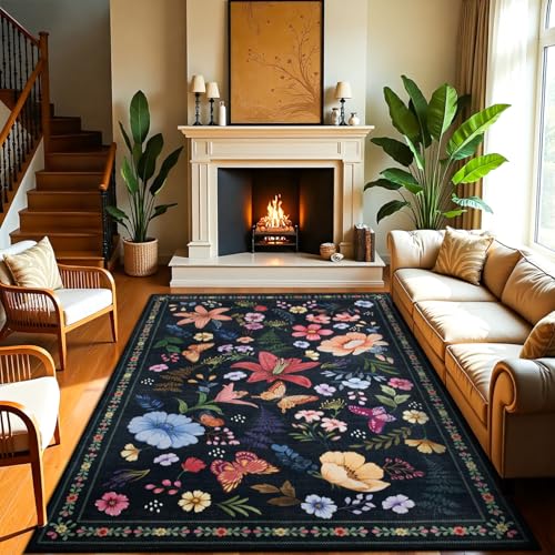 Mejorug Schwarzer Vintage-Blumen-Teppich, Boho-Teppich, maschinenwaschbar, rutschfest, schmutzabweisend, niedriger Flor, dünner Teppich, Innen-Bodenmatte, Heimdekor-Teppiche für Wohnzimmer Mejorug Schwarzer Vintage-Blumen-Teppich, Boho-Teppich, maschinenwaschbar, rutschfest, schmutzabweisend, niedriger Flor, dünner Teppich, Innen-Bodenmatte, Heimdekor-Teppiche für Wohnzimmer von Mejorug
