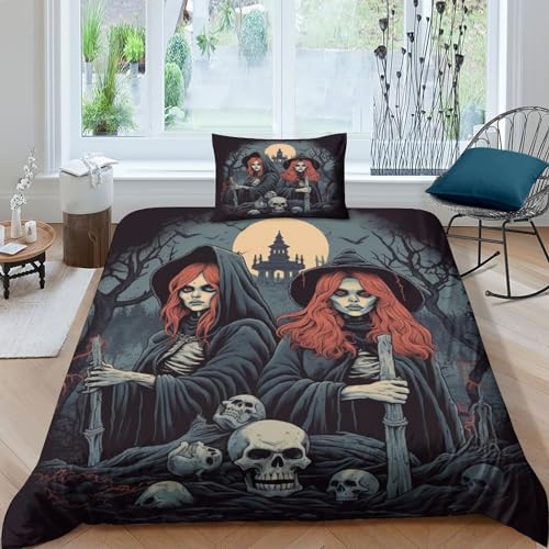 Friedhofs-Totenkopf Moderne Hexe Bettwäsche-Sets Mit 3D-Print - 3-teilige Duvet-Cover-Sets Aus Mikrofaser Mit Verstecktem Reißverschluss Und Kissenbezügen Single（135x200cm） von MekUk