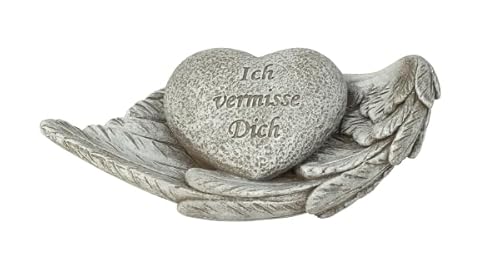 Mel-O-Design GmbH Grabherz auf Flügel Dekorative Grabdekoration, Herz mit 'Ich vermisse Dich' Inschrift auf Engelsflügel, Grauer Stein-Look von Mel-O-Design GmbH