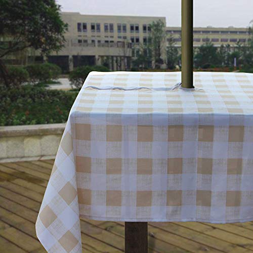 Melaluxe Frühjahr/Sommer Faltenfreie wasserdichte Outdoor-Tischdecke mit Schirmloch und Reißverschluss, beige kariert, 152,4 cm quadratisch von Melaluxe