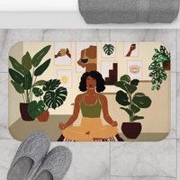 Boho Chic Badematte Schwarze Frau Kunst Schwarzes Mädchen Magic Badematte, Selbstpflege, Feminine Gäste Wc Dekor Grün Blatt von MelaninChicGoods
