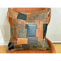 Melbourne Leder Co Echtleder Patchwork Kissenbezug Lederkissen Vintage Tan von MelbourneLeathrCo