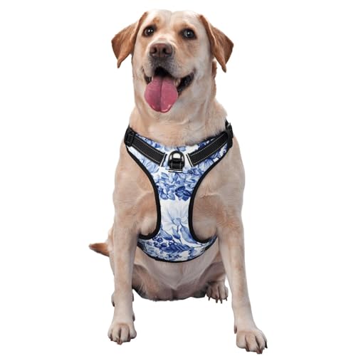 Blau-weiß geblümtes No-Pull-Hundegeschirr für große Hunde No-Pull-Hundeleine, verstellbares großes Hundegeschirr, reflektierendes Hundewestengeschirr, leicht zu laufendes Hundegeschirr für mittelgroß von Melbrakin