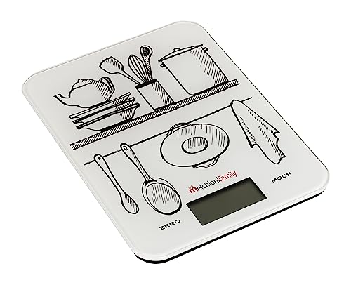 Melchioni Family | Ultrathin Digital Kitchen Scale, GLASS, Küchenwaage mit Display, 10 kg Kapazität, gehärtetes Glas, Weiß mit Fantasie von Melchioni