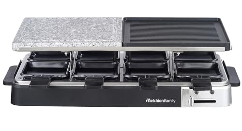 Melchioni Family | Set Grillplatte und Stein mit Raclette für 8 Personen, OLIMPIA, mit glatter Platte, Grill und 8 Raclette-Bällen, regulierbarer Thermostat, 1200 W von Melchioni