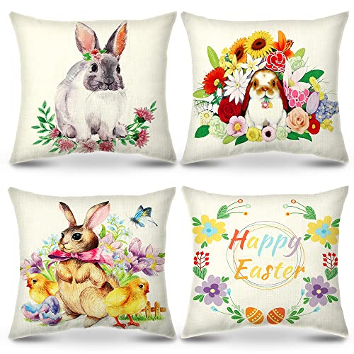 4PCS Kissenbezug Ostern, Kissenhülle Osterdeko Hase Kissenbezüge Häschen Ostereiern Leinen Dekokissen Cases Home, Kissenbezüge Kissenhülle 45x45cm für Zierkissenhülle Sofa Schlafzimmer von Meleager