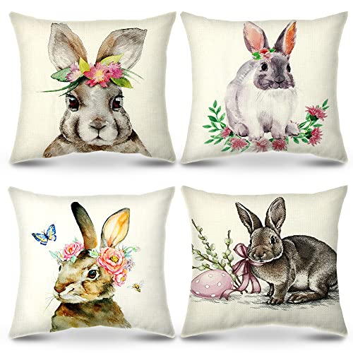 Meleager 4PCS Kissenbezug Ostern,Osterdeko Kissenbezüge Häschen Ostereiern Leinen Dekokissen Cases Home 45x45cm, Kissenbezüge Kissenhülle für Zierkissenhülle Schlafzimmer Sofa Dekokissen von Meleager