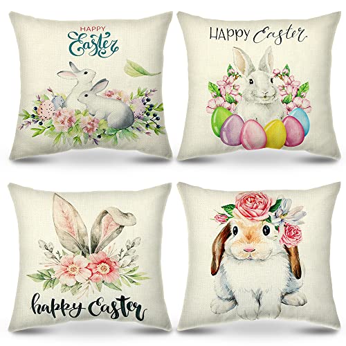 4PCS Kissenbezug Ostern, Kissenhülle Osterdeko Hase Kissenbezüge Häschen Ostereiern Leinen Dekokissen Cases Home, Kissenbezüge Kissenhülle 45x45cm für Zierkissenhülle Sofa Schlafzimmer von Meleager