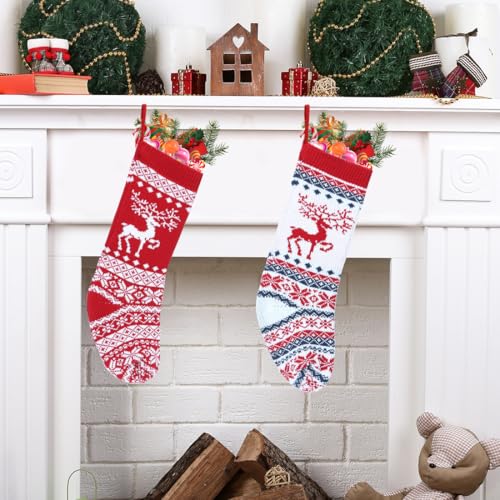 Weihnachtsstrümpfe Nikolausstrümpfe 2er,46cm Groß Gestrickt Weihnachtsstrumpf，Nikolausstiefel zum Befüllen，weihnachtssocken zum aufhängen für Kamin Weihnachtsbaum Weihnachtsdeko（Rot+Weiß Elch） von Meleager