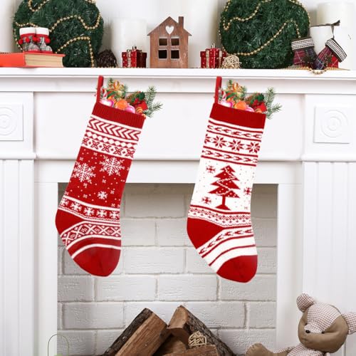 Weihnachtsstrümpfe Nikolausstrümpfe 2er,46cm Groß Gestrickt Weihnachtsstrumpf,Nikolausstiefel zum Befüllen,Weihnachtssocken aufhängen Kamin Weihnachtsbaum Weihnachtsdeko（Schneeflocke Weihnachtsbaum） von Meleager