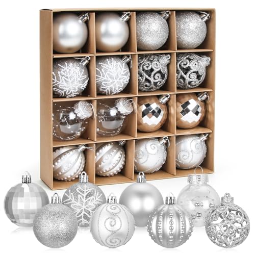 Weihnachtskugeln Silber, 16 Stück Weihnachtskugeln Set, Christbaumkugeln Kunststoff 6cm, Bemalte Baumschmuck Weihnachtsbaumkugeln Groß, Plastikkugel Christbaumschmuck Hängedekorationen Weihnachtskugeln Silber, 16 Stück Weihnachtskugeln Set, Christbaumkugeln Kunststoff 6cm, Bemalte Baumschmuck Weihnachtsbaumkugeln Groß, Plastikkugel Christbaumschmuck Hängedekorationen von Meleager