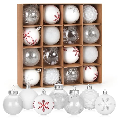 Weihnachtskugeln Weiß, 16 Stück Weihnachtskugeln Set, Christbaumkugeln Kunststoff 6cm, Bemalte Baumschmuck Weihnachtsbaumkugeln Groß, Plastikkugel Christbaumschmuck Hängedekorationen von Meleager