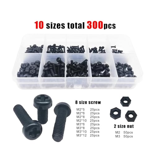300 Stück/Box Nylon Kunststoff isoliert Pan Rundkopf Bolzen Schraube Mutter Mix M2 M3 10 Größen Sortiment Kit Set schwarz von Meliaen