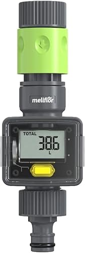 Meliflor Aqualimeter (Bewässerungssteuerung) Wert in Liter oder Gallonen. Verschiedene Betriebsmodi: Durchfluss, Verbrauch, mittel und gesamt. Inklusive Netzfilter zur Vermeidung von Verstopfungen von Meliflor