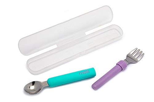 Melii 11200 Spork On The Go, abnehmbarer Löffel & Gabel Utensilien-Set mit Reisetasche, Kunststoff, violett und blau von melii