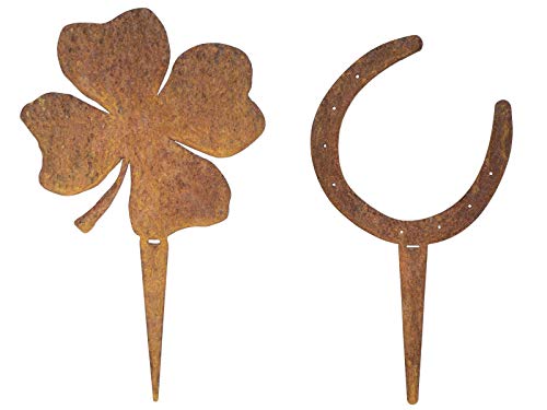 Menovus Rost-Deko Gartenstecker Hufeisen und Kleeblatt Glückssymbole von Melingo