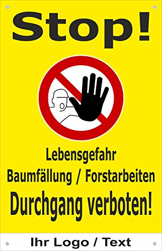 Absperr-Plane Absperr-Banner - Forst-Arbeiten Baum-fällung Durchgang verboten - mit Logo - 450x650mm mit Ösen – P00001-002-C-Logo - stabile PVC Werbe-Plane +++ in 4 Varianten erhältlich von Melis-Folienwerkstatt