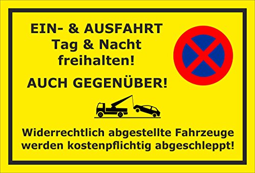 Melis-Folienwerkstatt Parken verboten Schild – EIN-und Ausfahrt Tag und Nacht freihalten - auch gegenüber – 30x20 cm – 3mm Hartschaum – Verschiedene Größen und Materialien – Mit Bohrlöchern von Melis-Folienwerkstatt