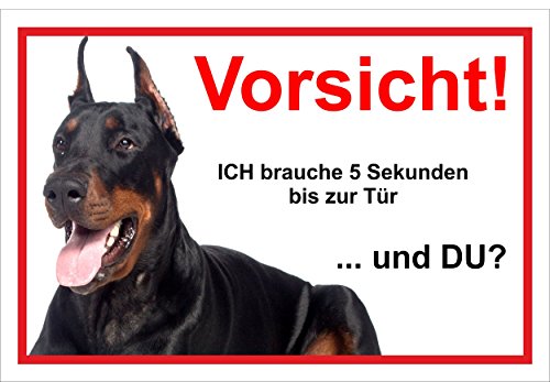 Melis Folienwerkstatt Schild Warnschild Vorsicht freilaufender Hund – Dobermann Achtung – 5 Sekunden bis zur Tür – 20x30cm – S22F von Melis Folienwerkstatt